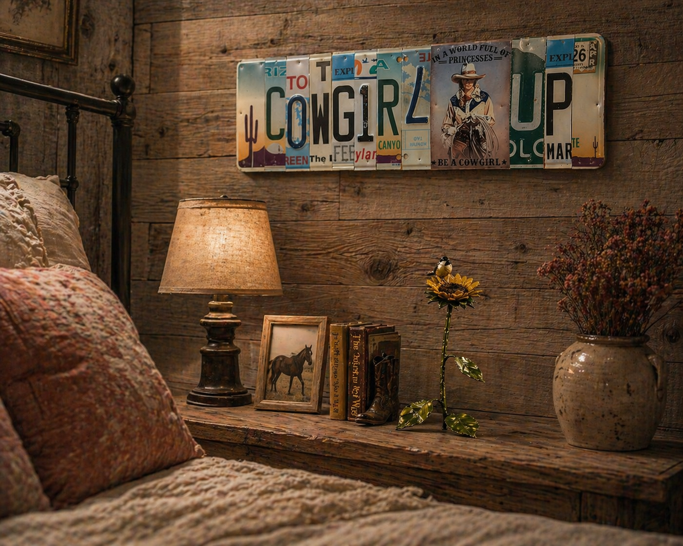 Cowgirl Up  — One-of-a-Kind License Plate Wall Art (Ready to Ship)
