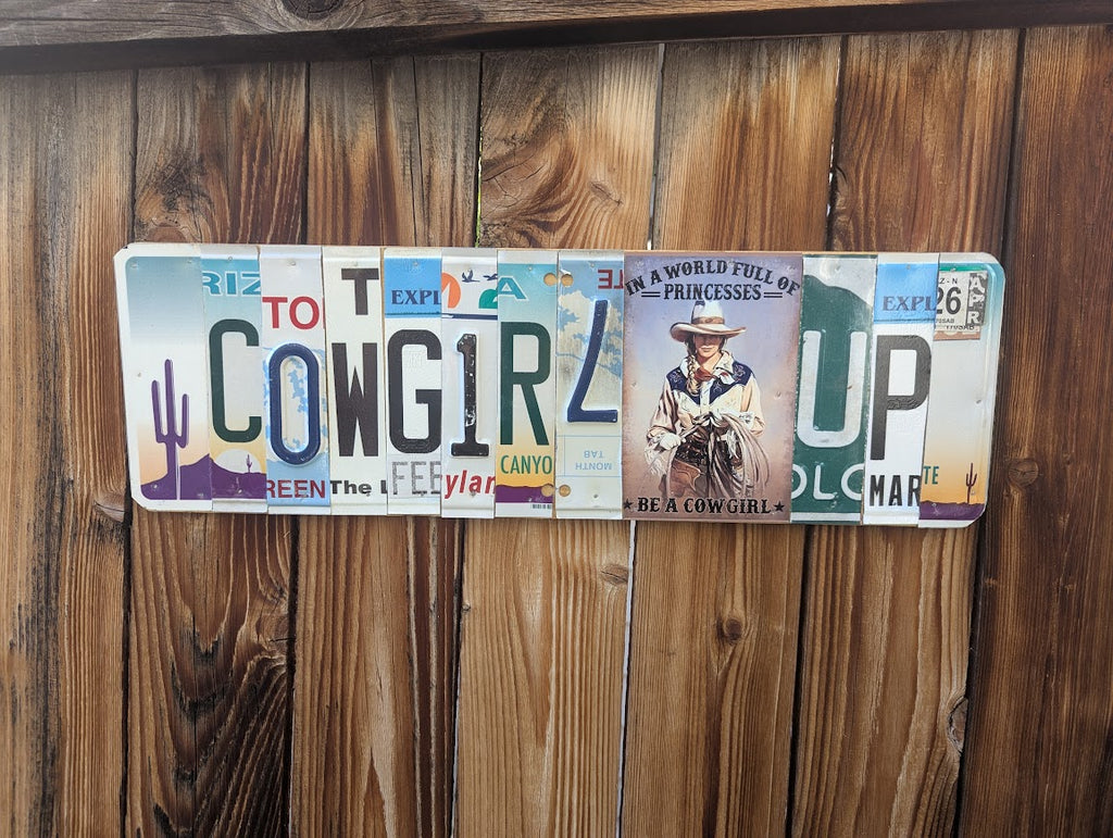 Cowgirl Up  — One-of-a-Kind License Plate Wall Art (Ready to Ship)