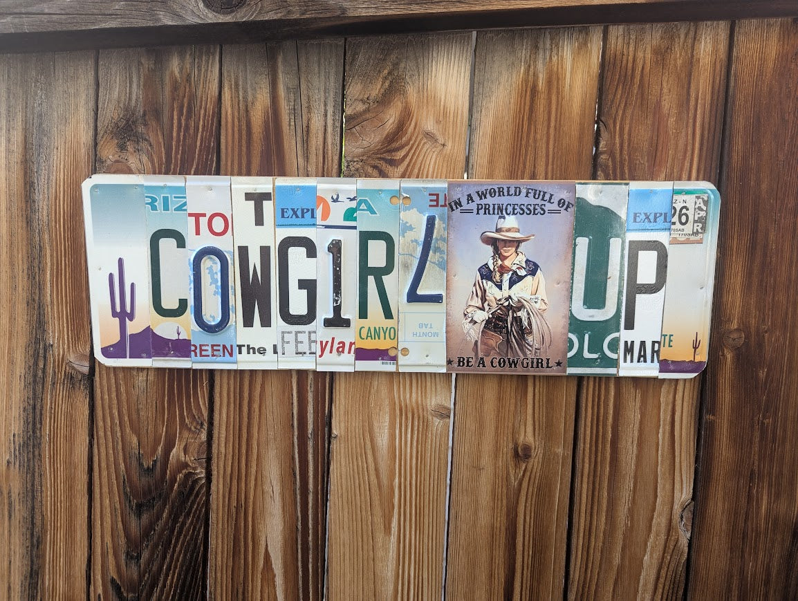 License Plate Wall Art -Cowgirl Up (Feature Piece)