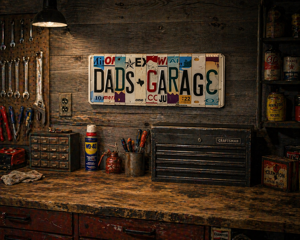 Dads Garage — One-of-a-Kind License Plate Wall Art (Ready to Ship)