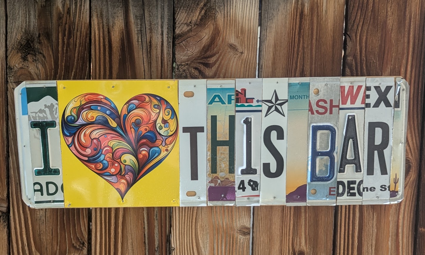License Plate Wall Art – I Love This Bar (Feature Piece)
