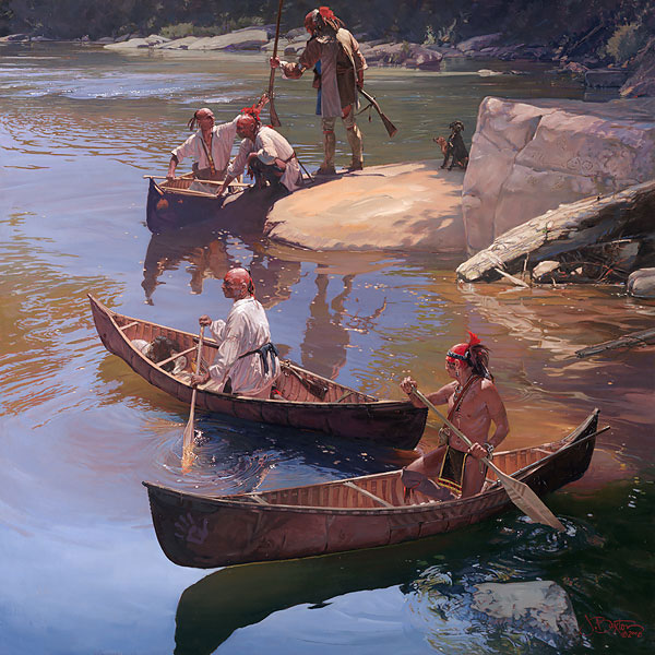 The Agile Bark Canoe by Western Artist John Buxton